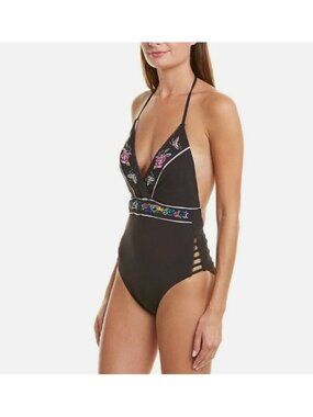 Nanette Lepore L46357 Black Embroidery Goddess One-Piece Swimsuit Women's Size 8